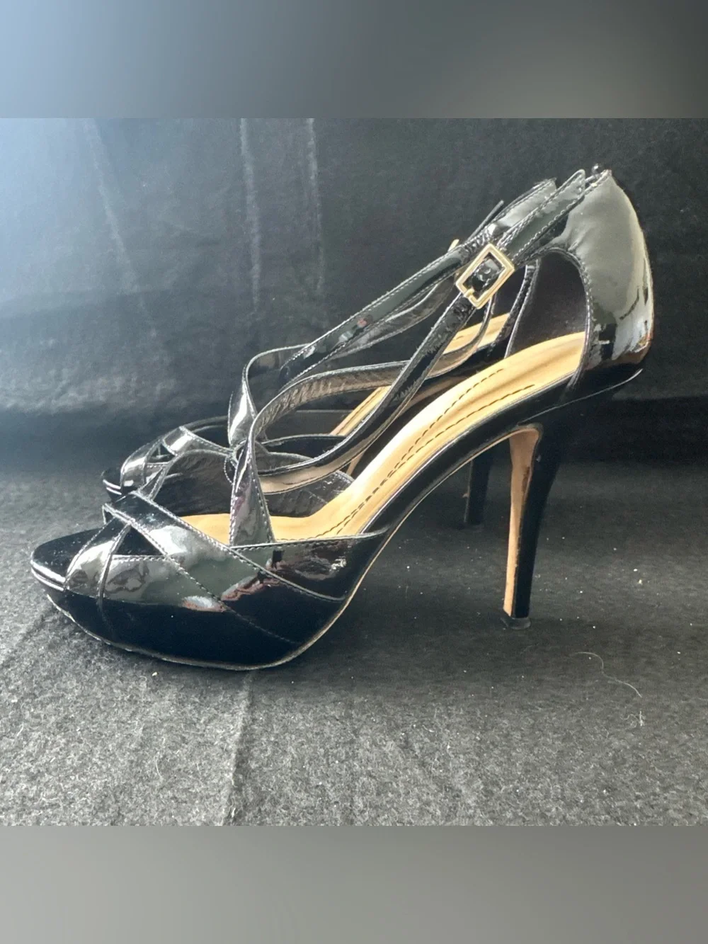 Kate Spade Black Patent Leather Platform Stiletto Heel Peep Toe Shoes Size 6.5